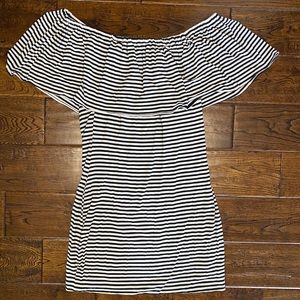 Blush Black & White Striped Off the Shoulder Ruffle Detail Fitted Mini Dress, Lg
